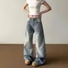 Jeans Wide Leg Lavado com Padrão de Bambu Retrô Americano para Mulheres, Estilo Novo Versátil da Moda, Calça Solta Casual Levemente Flare