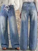 Jeans de pierna ancha vintage europeos y americanos transfronterizos para mujer, con degradado deslavado, cintura elástica con cordón y bolsillos grandes, corte holgado de mezclilla