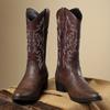 Botas de Cowboy Masculinas Tamanho Grande com Zíper, Botas de Couro de Cano Médio, Botas de Cavaleiro Retrô Bordadas, Botas de Couro Britânicas, Botas de Trabalho 26068