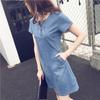Real Shot Estilo Coreano Tamanho Grande Gordinha Menina Casual Simples Viajante De Comprimento Médio Denim Lavado Água Pulôver Vestido De Manga Curta Feminino Na Moda
