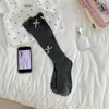 Meias 3/4 Estilo Ballet com Laço de Cor Contrastante, Preto e Branco, Altura do Joelho, Cor Sólida, Estilo Japonês, Meias Finas de Verão