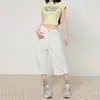 Calça Jeans Branca de Cintura Alta com Perna Reta e Design de Bolso Frontal, Calça Cropped Ampla com Caimento Solto