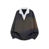 Falso diseño de dos piezas V-neck tejido para mujer solapa polo americano sudadera cuello de camisa de hombre chaqueta teñido gris
