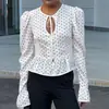Cardigã Riscado com Renda Vazada e Cadarço em Cor Contrastante para Mulheres, Blusa Slim Fit Retro Francesa com Bolinhas em Cetim e Mangas Sino
