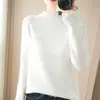 Suéter feminino de tricô 100% algodão com gola alta parcial, pullover de manga longa com design de bolso pequeno, corte solto, adequado para primavera e outono, amigo da pele e perfeito para usar em camadas ou casualmente.
