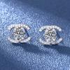 Brincos de Tarraxa Flor com Letra Duplo C全Diamante Imitação Moissanita para Mulheres, Brincos de Tarraxa Simétricos Duplo C Diamante para Mulheres