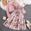 Conjunto de Ropa para Niñas Transfronterizo 2026 Primavera Nuevo en Amazon Vestido Floral con Correa para Cintura Cardigan de Manga Larga
