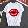 Tendência da Moda 2023 Camiseta Feminina Sexy com Estampa Completa de Lábios Vermelhos Casual Manga Curta Solta Gola Redonda