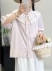 Camisa de Manga Corta con Cuello de Volantes de Encaje Fresco Estilo Japonés para Mujer, Nuevo Top Juvenil de Verano Dulce con Manga Abullonada