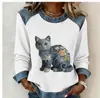 Moletom 3D Impresso Color Block com Gola Jeans para Mulheres, Estilo Europeu e Americano 2026, Manga Longa, Pulôver Solto Casual, Estilo Transfronteiriço para Férias