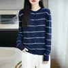 Nuevo cárdigan de punto fino de lana para mujer Otoño/Invierno 2026, abrigo holgado de cuello redondo con suéter de rayas contrastantes