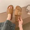 Sandalias planas de retazos de lino con hebilla metálica para mujer, chanclas simples y versátiles de estilo coreano antideslizantes para verano, para el hogar y el exterior