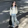 Primavera/Otoño 2026 Estilo Universitario Moda Coreana Rayas Patchwork Cuello Polo Falso Dos Piezas Sudadera Lindo Set de Dos Piezas Jeans