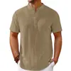 Amazon Wish Transfronterizo Nueva Camisa Henley Rayada de Algodón y Lino Retro para Hombre Camisa Casual Holgada Venta al por Mayor