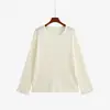 Blusa de tricô plus size feminina com mangas com acabamento em renda, coleção outono 2026, design simples de gola redonda, efeito emagrecedor, blusa de base feminina 25095
