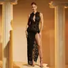 Europa e Estados Unidos estilo ins transfronteiriço novo sexy moda renda vazado fenda alta justo sem mangas vestido