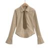 Otoño 2023 Nuevo corbata textura a rayas camisa manga larga mujer universidad chica hot slim solapa temperamento top
