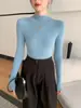 Blusa feminina de gola semi-alta, manga longa, malha sem costura, pulôver para primavera e outono, casual, versátil, básica, confortável e estilosa