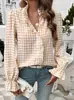 Camisa de manga longa xadrez com renda, moda transfronteiriça europeia e americana, top versátil elegante estilo francês, comércio exterior Amazon