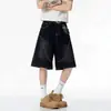 Pantalones cortos de mezclilla para hombre, holgados, ligeramente elásticos, en stock, con diseño de bordado en bolsillo lateral, corte recto, estilo retro americano