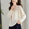 Venta Directa de Fábrica de Camisas Bordadas de Color Albaricoque para Mujer, Nuevas Blusas de Encaje Calado de Manga Larga para Primavera y Otoño, Camisas Bordadas de Algodón Puro