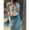 Moqie Levemente Doce Batimento Cardíaco Suave Toque Delicado Acabamento em Renda Gola Redonda Emagrecedor Barra Dobrada Manga Curta Camiseta MQ1573