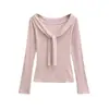 Camiseta de Manga Larga Off-Shoulder Estilo Puro Deseo para Mujer con Cintas en el Pecho, Top Corto Ajustado Moderno