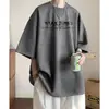 Camiseta de ante de ciervo con letras para hombre, estilo americano retro, peso pesado, manga corta de verano, holgada, media manga, top para hombre