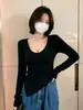 Top de Moda Sexy Irregular Ajustado Puro Deseo para Mujer Otoño e Invierno Camiseta de Manga Larga con Cuello Redondo