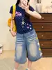 Shorts de mezclilla vintage estilo A para mujer talla grande, pantalones de verano holgados de cintura alta adelgazantes de pierna ancha recta de longitud media para mujeres talla grande