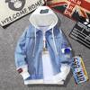 Jaqueta jeans masculina estilo coreano bonito, rasgada, patch casual, estudante, falso, duas peças, com capuz, jaqueta solta, moderna