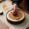 Bandeja de té pequeña estilo japonés con almacenamiento de agua, Bandeja de bambú resistente para uso doméstico, Juego de té redondo con drenaje de agua, Plataforma de secado para preparación de té