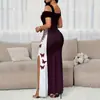 Nuevo vestido largo de moda europea y americana transfronteriza 2025, elegante, con bloques de color, estampado de mariposas, hombros descubiertos, con abertura