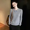 Procesamiento OEM Artículo de Alta Calidad Estilo Recomendado Auto-Reservado Cuello Polo Francés Gris Tejido de Canalé Manga Larga Top de Punto para Mujer Otoño Invierno