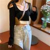 2 023 Outono Novo Slim Fit Short Shoulder Cropped Top Feminino Coringa Malha Manga Longa Base Shirt T-shirt Tide