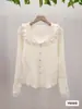 Cuello Peter Pan Encaje Puro de Encaje Empalmado Tejido de Punto para Mujer Otoño e Invierno Aspecto Adelgazante Tejido de Punto Suave y Ceroso Top de Manga Larga Moderno