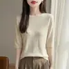 Top de punto con patrón de espiga de manga media para mujer, nuevo y elegante para principios de otoño de 2026, camiseta básica sin costuras de manga tres cuartos de una línea