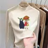 Camada base feminina de gola alta parcial com forro de fleece, novo estilo outono/inverno 2026, camiseta top de manga longa quente em fleece escovado