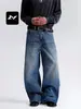 Jeans azul retro americano de corte solto para homens e mulheres, design simples lavado, efeito emagrecedor, calça casual de perna larga desgastada