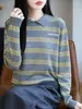 Suéter de punto a rayas con cuello polo de bloques de color para mujer, nuevo estilo otoño e invierno 2026, jacquard de letras, top de suéter fino de manga larga holgado