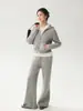 Elegante y lujoso conjunto de punto 100% cachemira para mujer: cárdigan con capucha y cremallera + pantalones de pierna ancha, un conjunto informal y relajado de dos piezas