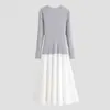 Atacado de Roupas Femininas Transfronteiriças Estilo Europeu e Americano Primavera Moda Casual Top Chique com Laço Manga Longa com Vestido de Saia Patchwork