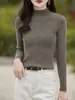Top de punto acanalado de algodón puro para mujer de principios de otoño, con cuello alto medio, manga larga, textura acanalada vertical, elástico, corte ajustado y agradable para la piel