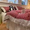 Juego de Cama Pequeño Floral de Cuatro Piezas Estilo Francés de Gama Alta con Encaje Vintage, Borde de Encaje Hueco, Sábana de Chifón Arrugado, Funda de Edredón y Faldón de Cama
