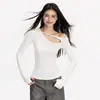 Camiseta de Manga Larga Asimétrica con Huecos Inspirada en Diseño Rojo para Mujer, Primavera y Otoño, Talla Petite, Estilo Puro Deseo, Top Picante para Chica