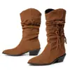 Botas de moda com salto quadrado para outono e inverno, botas altas de bico fino transfronteiriças, sapatos leves de salto alto sem cadarço de cor sólida, botas versáteis para mulheres plus size