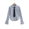 Otoño 2023 Nuevo corbata textura a rayas camisa manga larga mujer universidad chica hot slim solapa temperamento top