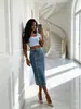 Moda Feminina Europeia e Americana Transfronteiriça Saia Jeans Midi de Cintura Alta com Fenda de Botão Único Fonte de Fábrica Saia Jeans Evasê Lavada