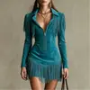 Vestido Curto de Manga Longa com Franjas Estilo Western Europeu e Americano 2026 com Decote V Profundo, Zíper, Caimento Justo, Bodycon, Vestido de Festa Europeu e Americano