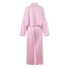 Moda estilo europeo versátil holgado adelgazante rosa satín cremallera chaqueta deportiva cintura elástica pantalones de pierna ancha conjunto mujer